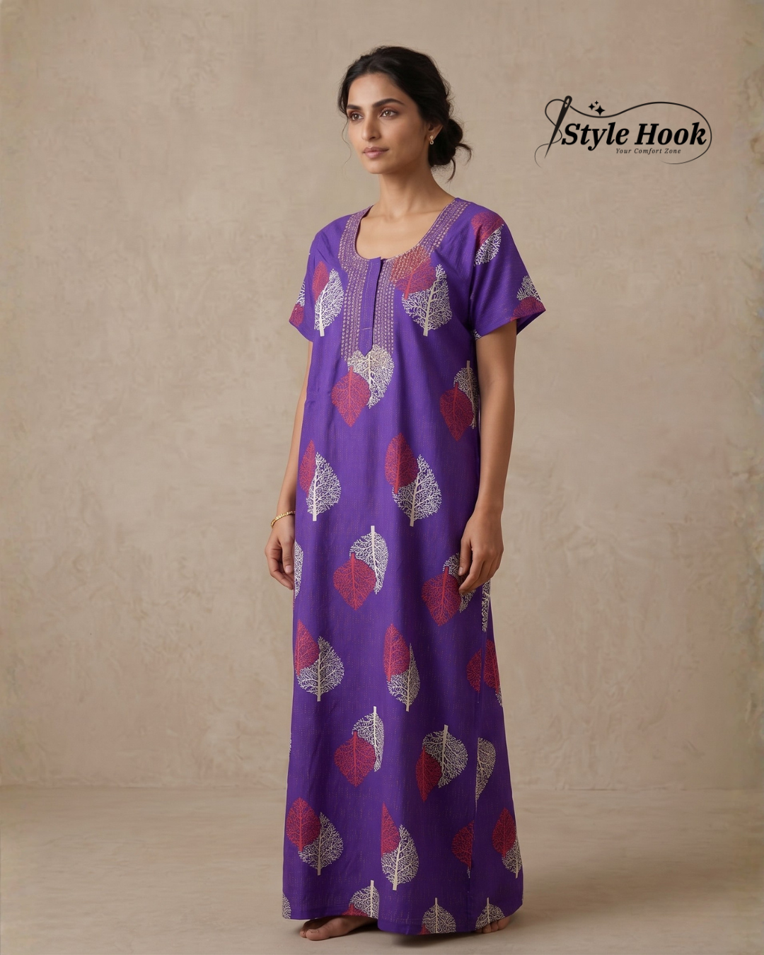 Style Hook Purple Embroidered Maxi Nighty for Women – Soft Cotton Daily Wear Home Dress