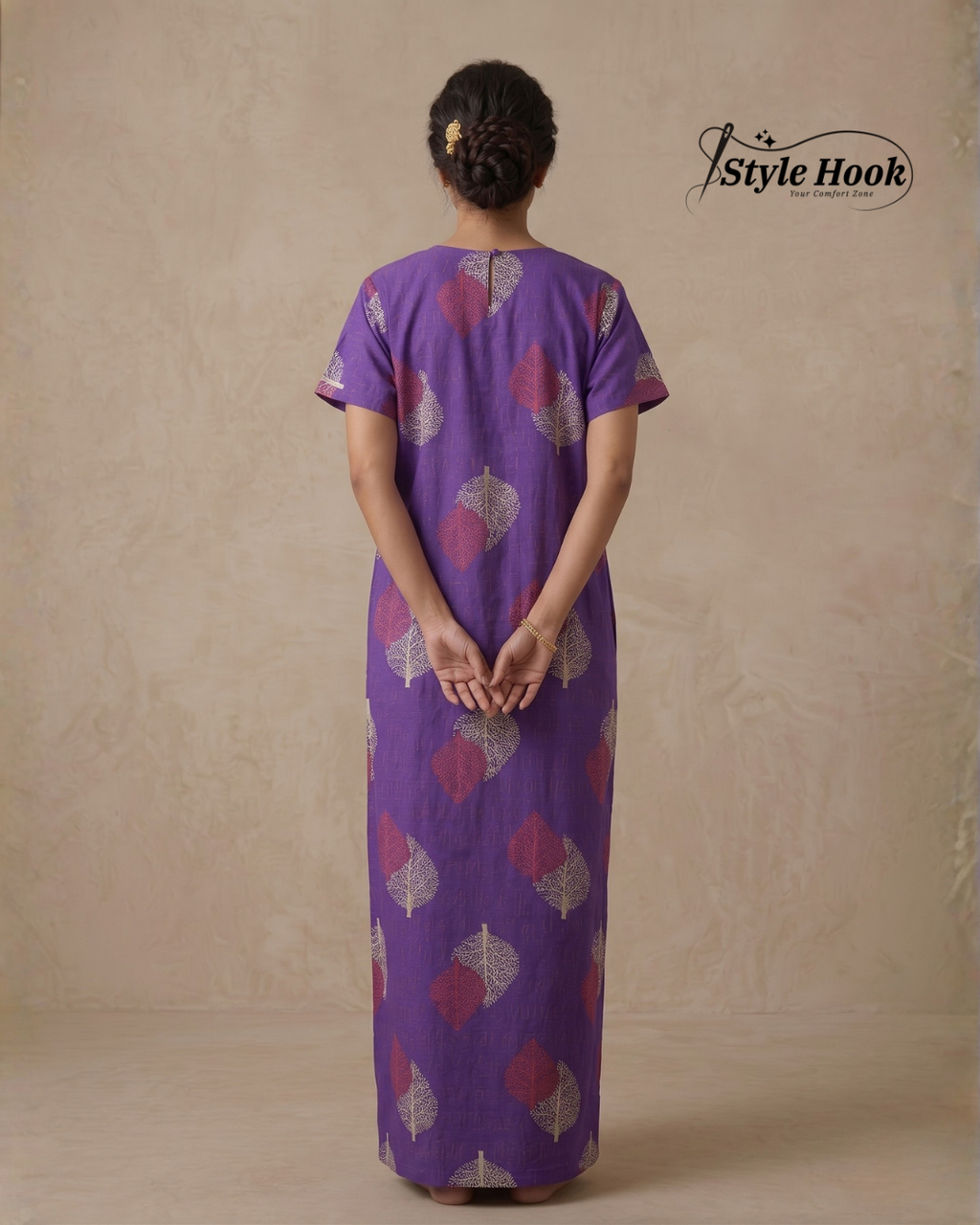Style Hook Purple Embroidered Maxi Nighty for Women – Soft Cotton Daily Wear Home Dress