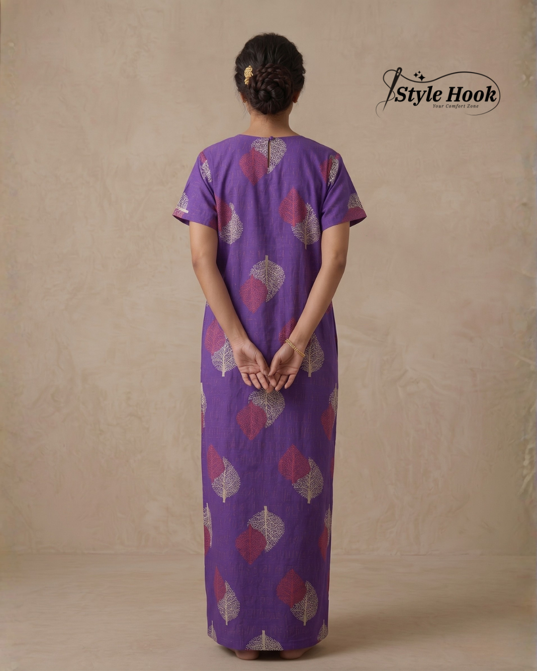 Style Hook Purple Embroidered Maxi Nighty for Women – Soft Cotton Daily Wear Home Dress