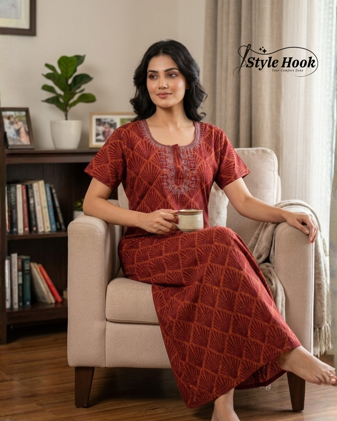 Style Hook Printed Cotton Nighty with Stone for Daily Wear