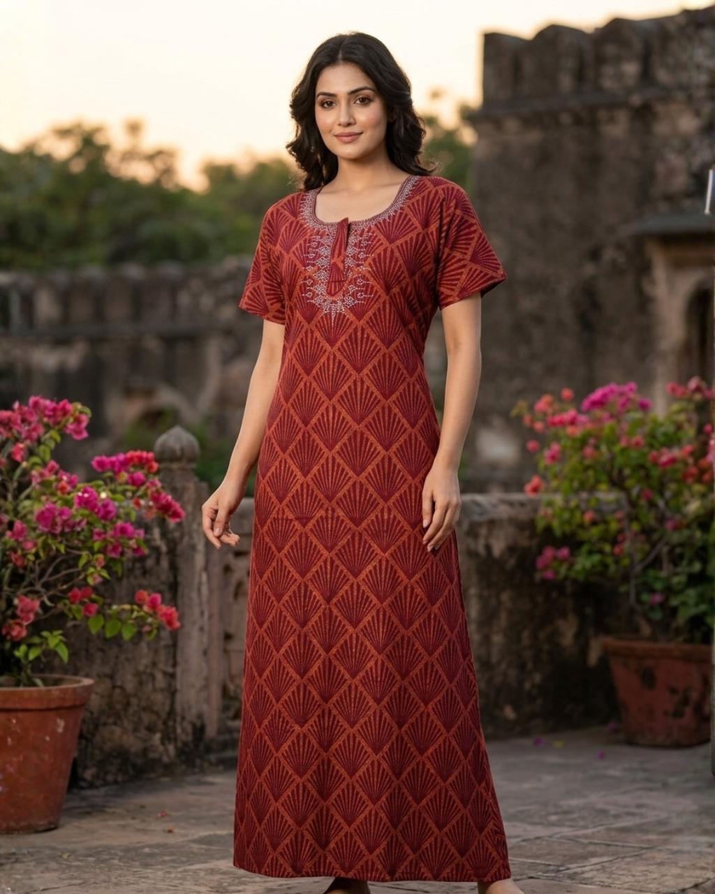 Style Hook Printed Cotton Nighty with Stone for Daily Wear
