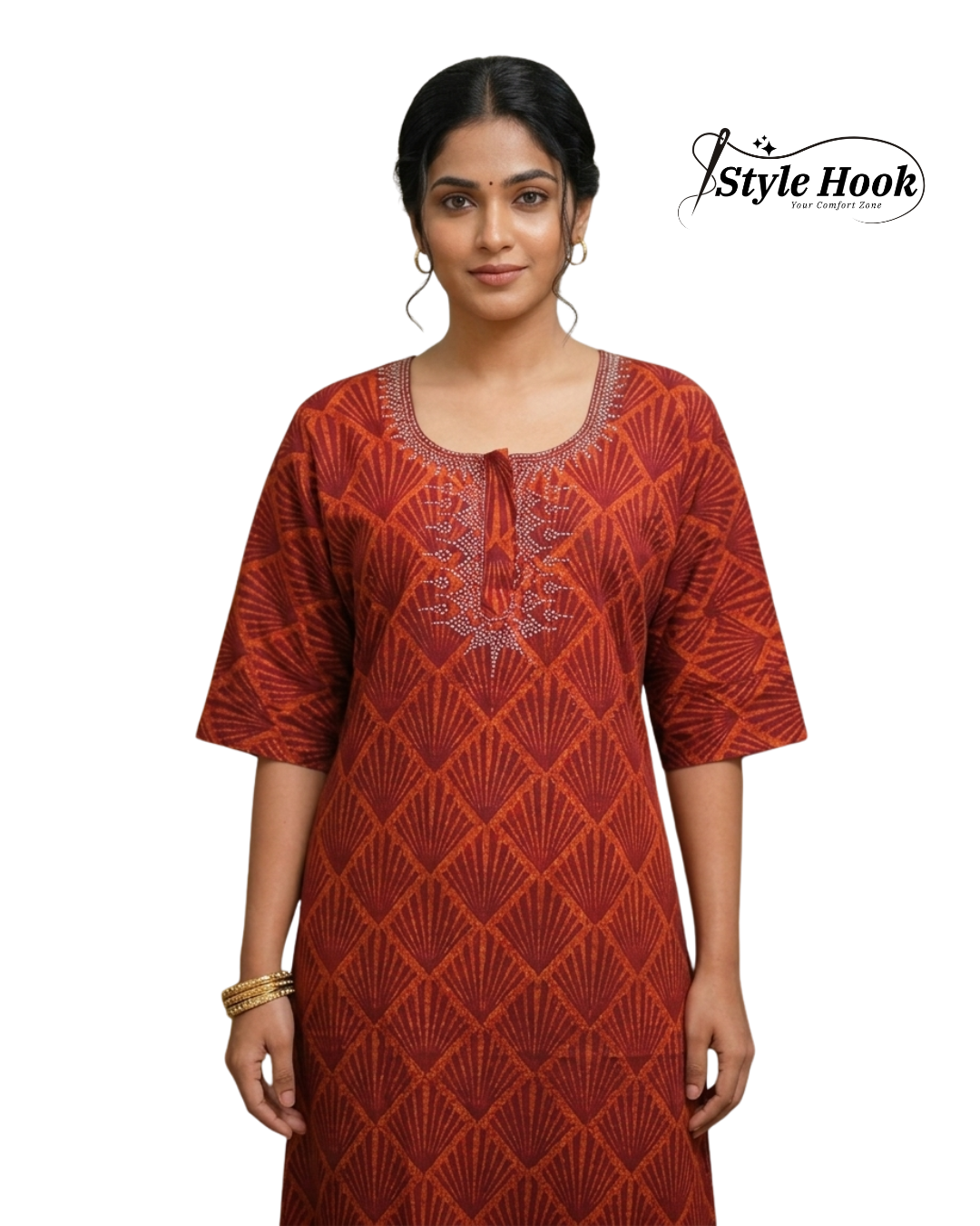 Style Hook Printed Cotton Nighty with Stone for Daily Wear