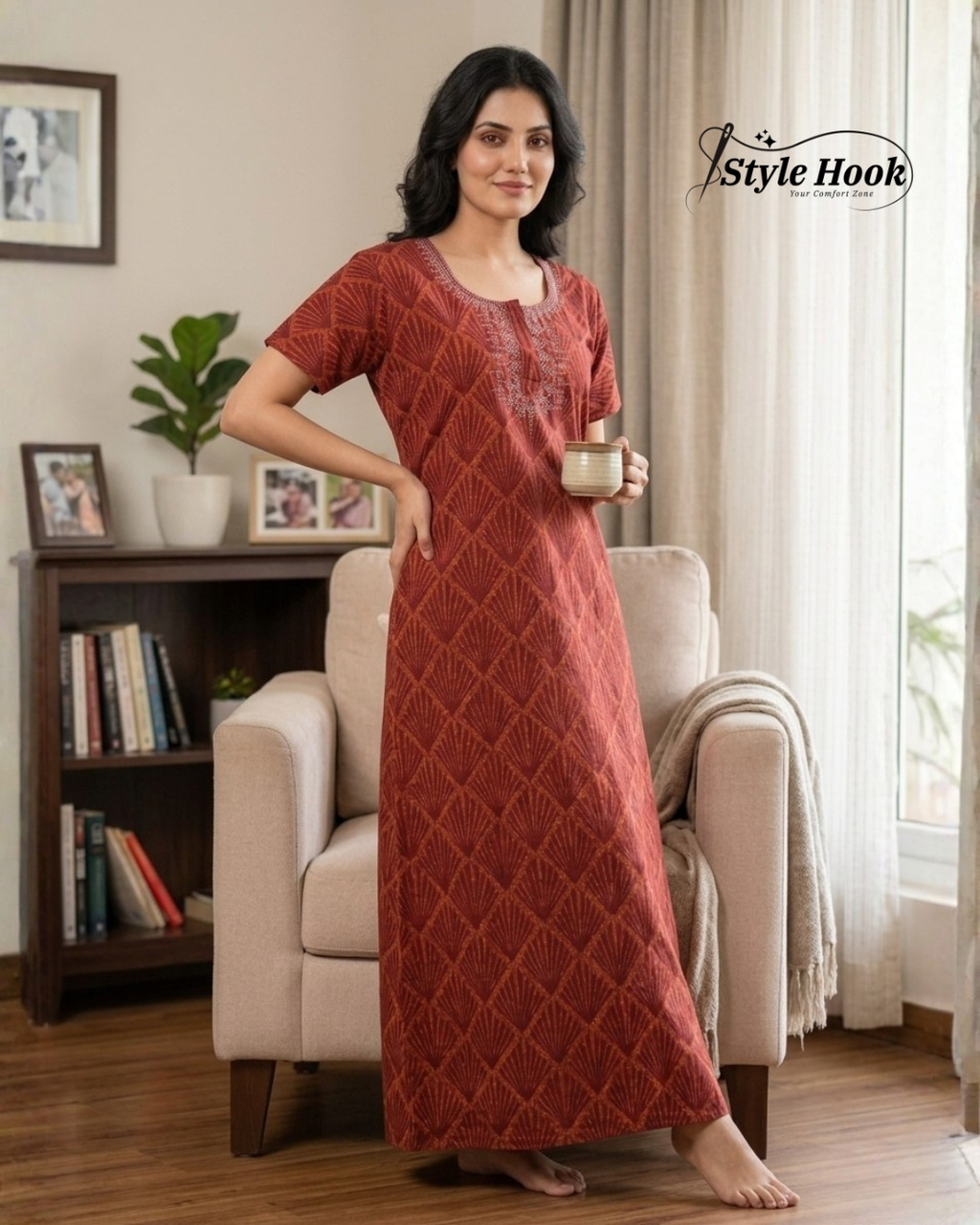 Style Hook Printed Cotton Nighty with Stone for Daily Wear