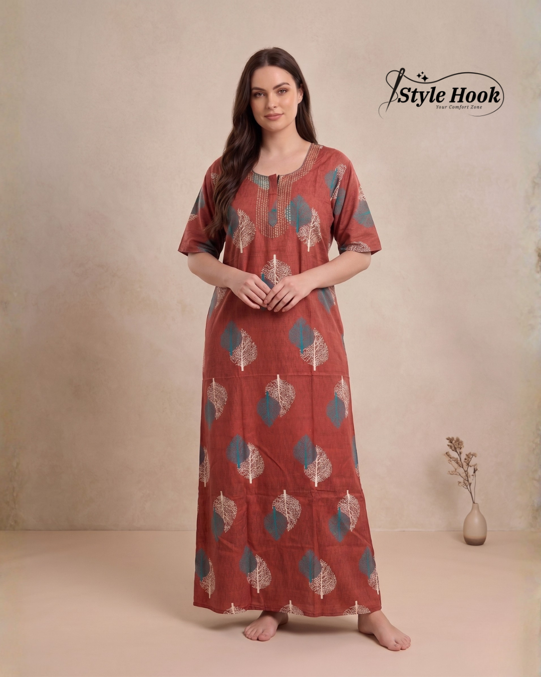 Style Hook Printed Cotton Nighty for Women – Soft Maxi Nightwear & Home Dress