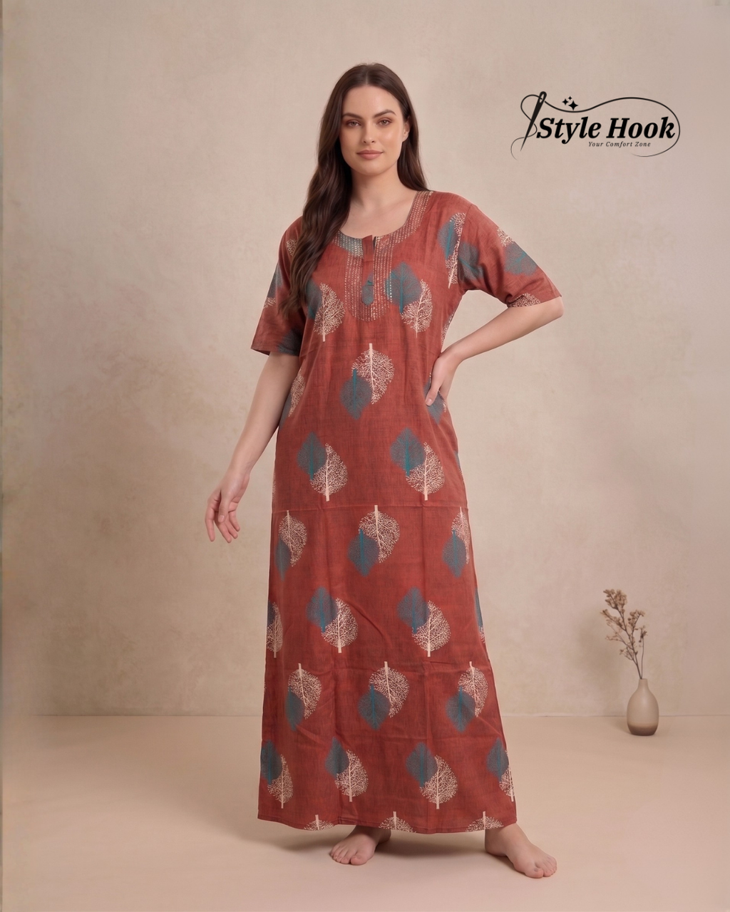 Style Hook Printed Cotton Nighty for Women – Soft Maxi Nightwear & Home Dress